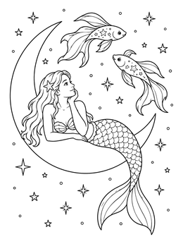 A dreamy mermaid rests on a crescent moon watching starry fish in this pisces coloring page.