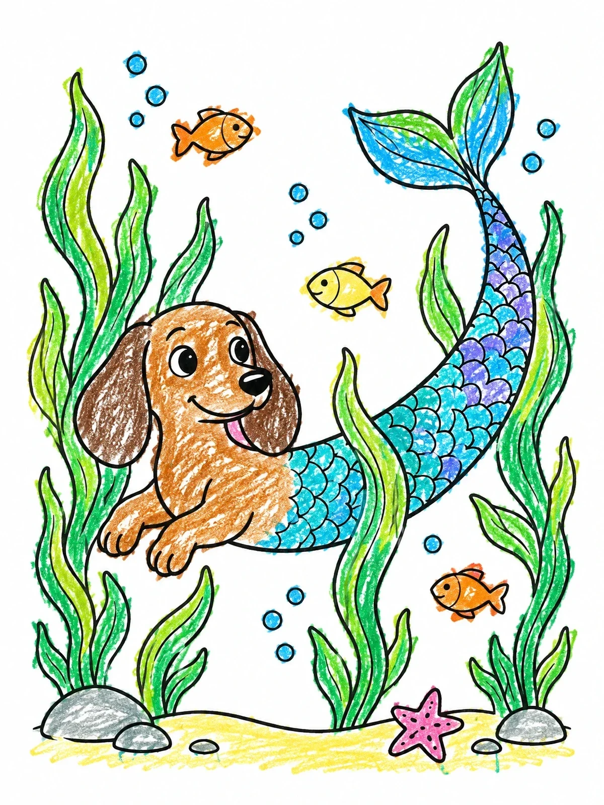 Colored example of the Mermaid Dachshund Swimming In Seaweed coloring page