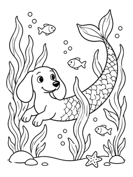 Free printable Mermaid Dachshund Swimming In Seaweed coloring page