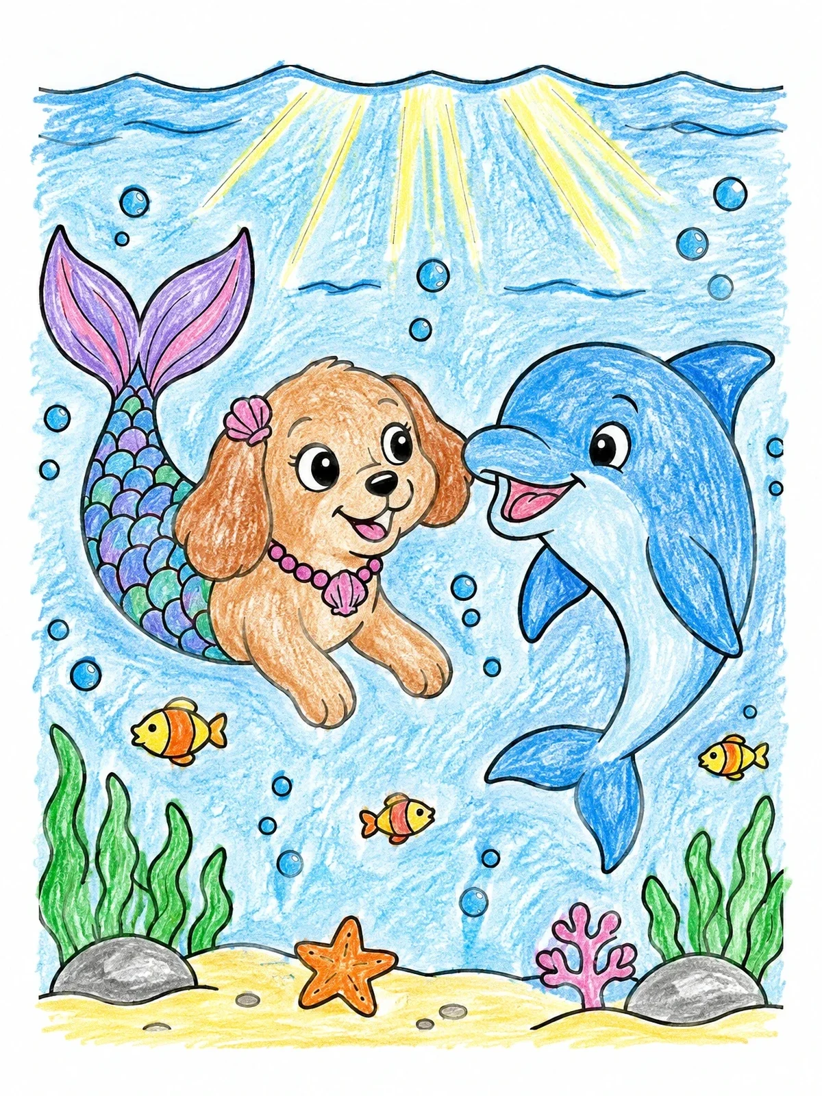Colored example of the Mermaid Dog And Friendly Dolphin coloring page