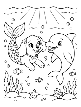 Free printable Mermaid Dog And Friendly Dolphin coloring page