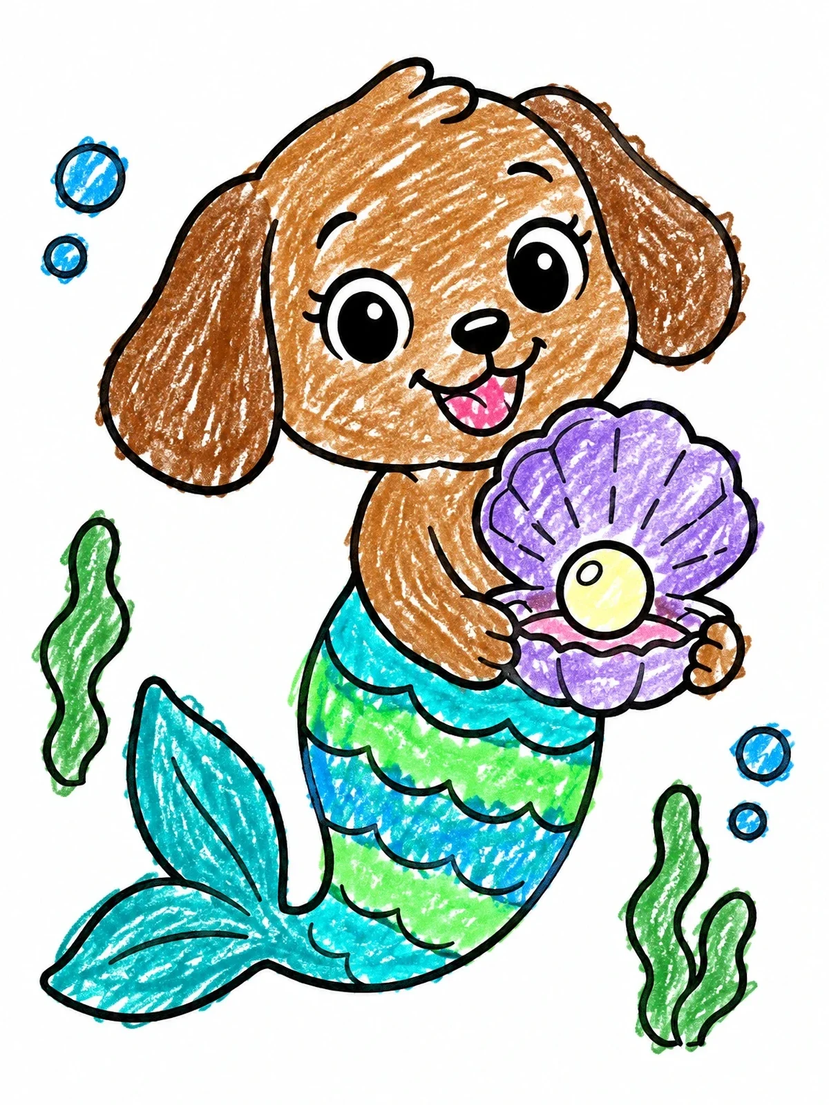 Colored example of the Mermaid Puppy Holding A Pearl Shell coloring page