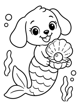 Free printable Mermaid Puppy Holding A Pearl Shell coloring page