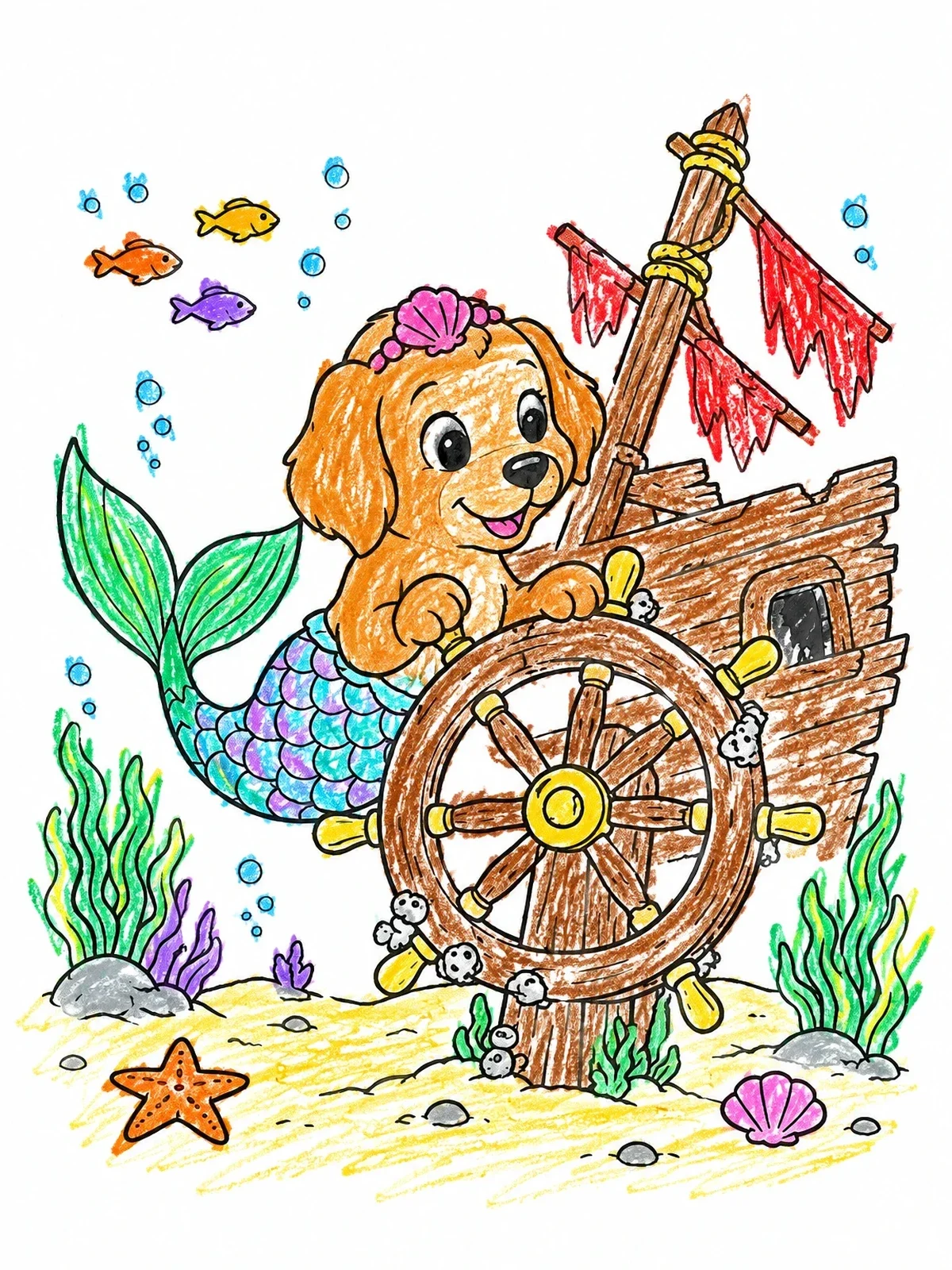 Colored example of the Mermaid Puppy At Shipwreck Wheel coloring page