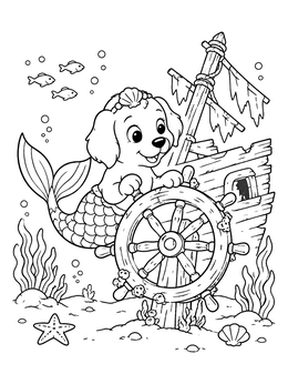 Free printable Mermaid Puppy At Shipwreck Wheel coloring page