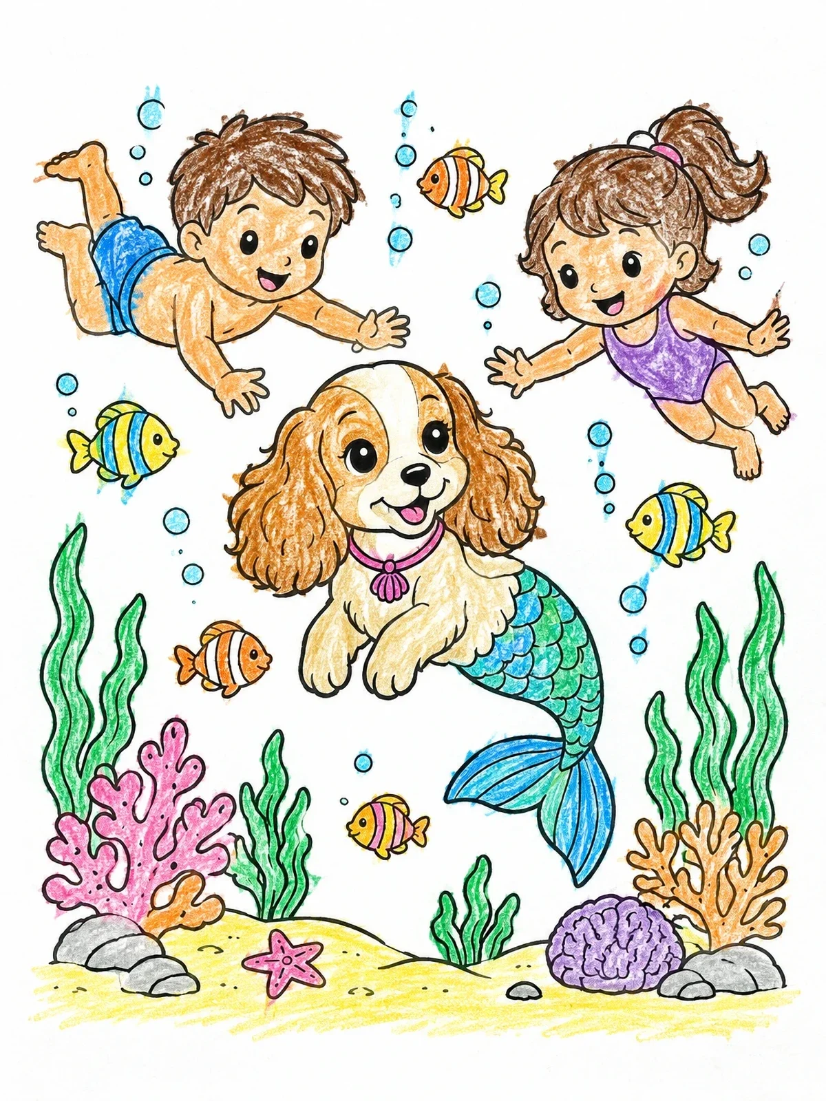 Colored example of the Mermaid Dog Swimming With Children coloring page