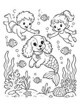 Free printable Mermaid Dog Swimming With Children coloring page