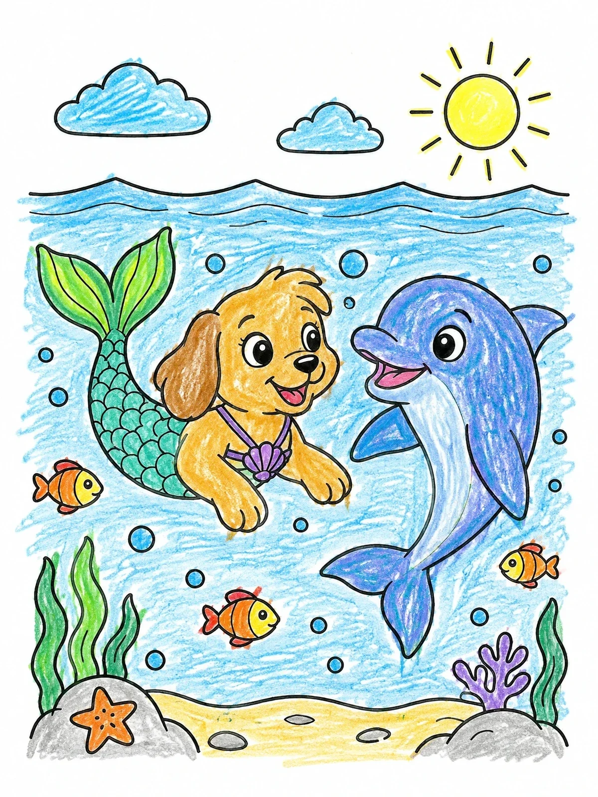 Colored example of the Mermaid Dog Swimming With Dolphin coloring page