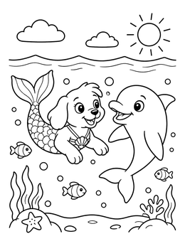 Free printable Mermaid Dog Swimming With Dolphin coloring page