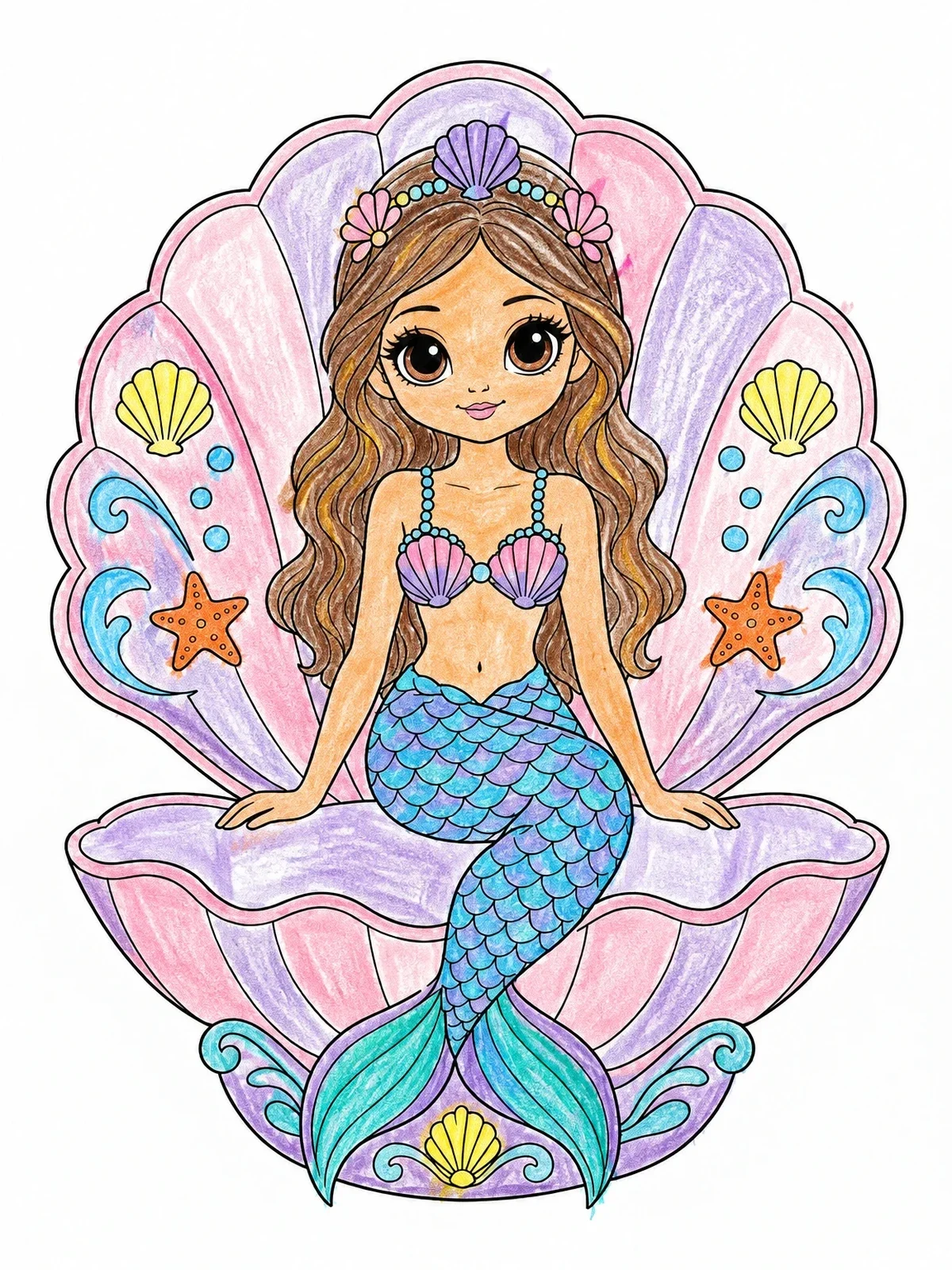 Colored example of the Mermaid Doll In An Open Seashell coloring page