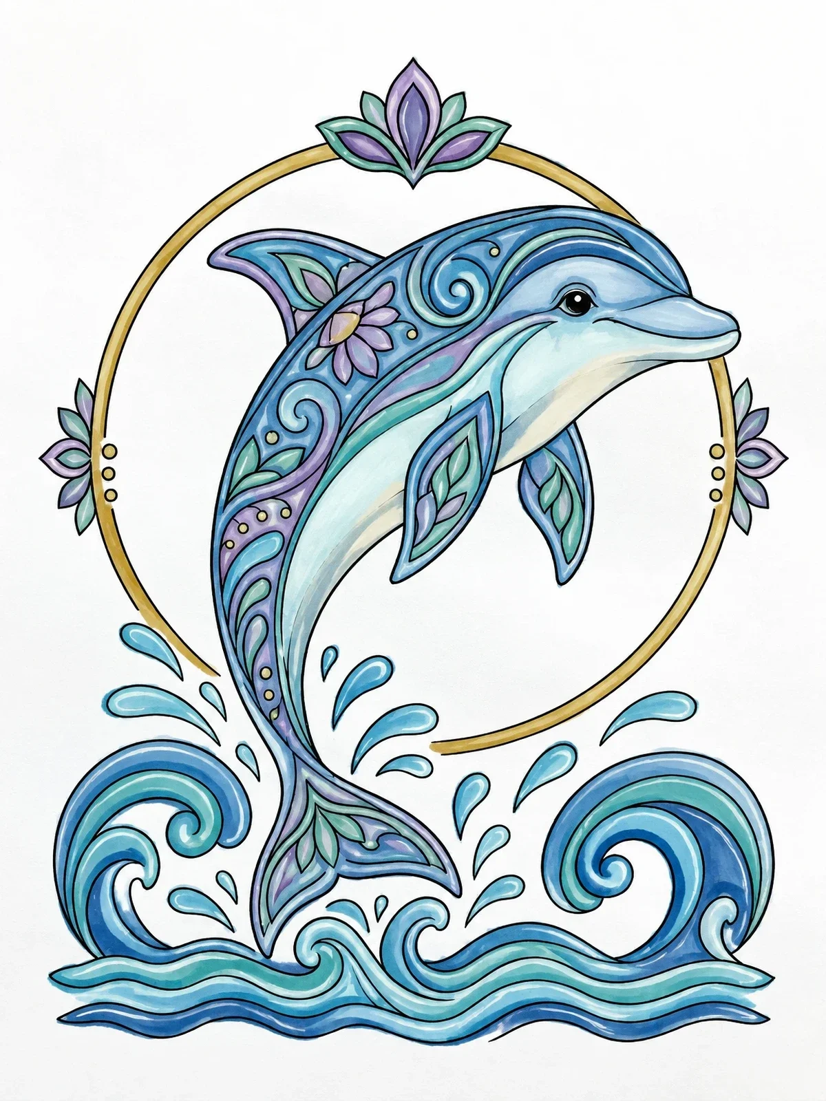Colored example of the Ornate Leaping Dolphin coloring page