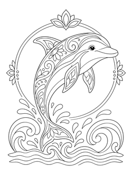 A decorative dolphin leaps over waves in this detailed mermaid dolphin coloring page.