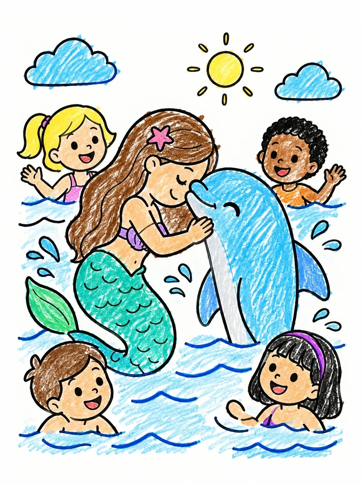 Colored example of the Mermaid And Dolphin With Swimming Children coloring page