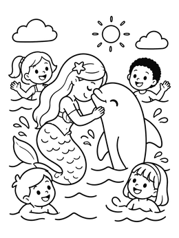 Free printable Mermaid And Dolphin With Swimming Children coloring page