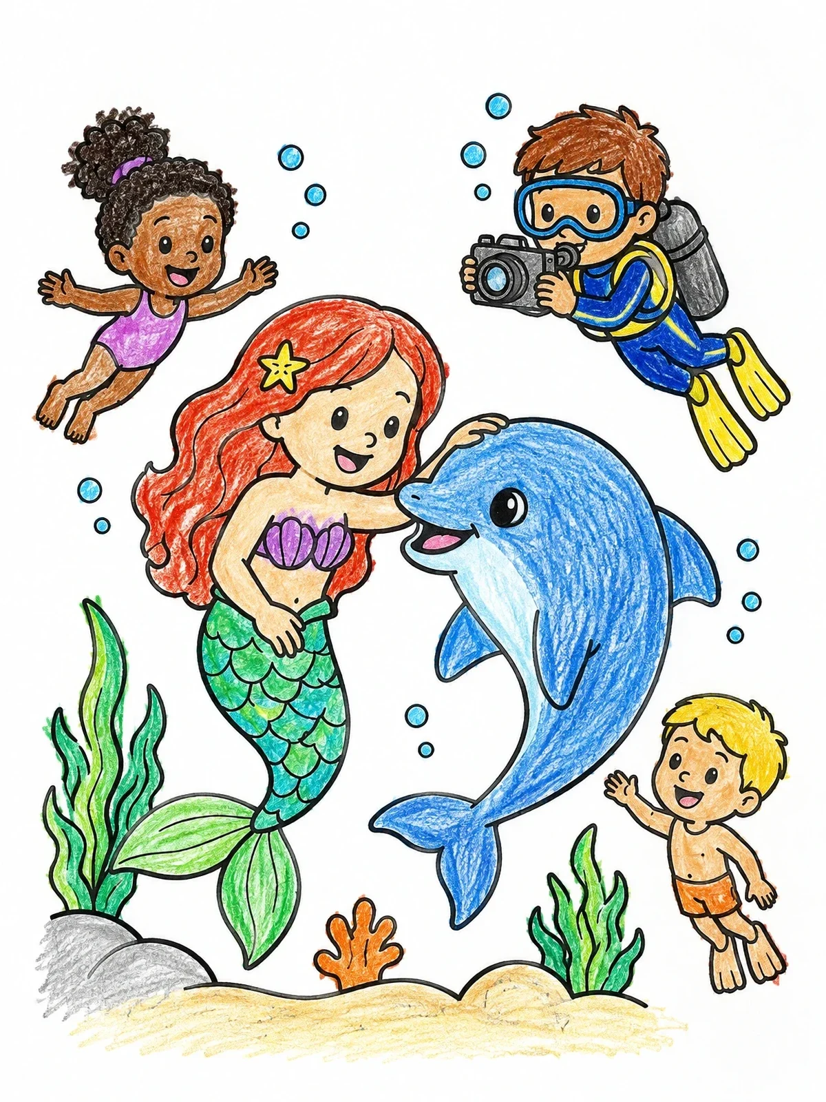 Colored example of the Mermaid And Dolphin Underwater Encounter coloring page