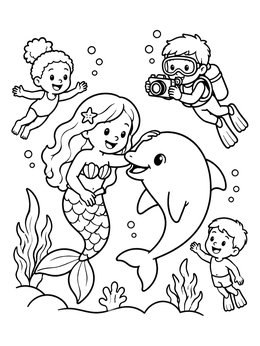A mermaid dolphin coloring page with kids swimming and taking underwater photos.
