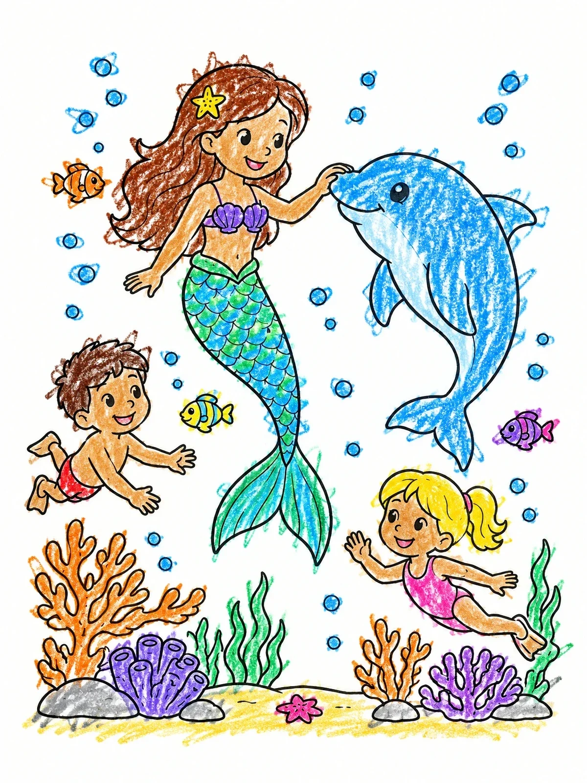 Colored example of the Mermaid And Dolphin Underwater Friends coloring page