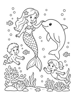 Free printable Mermaid And Dolphin Underwater Friends coloring page