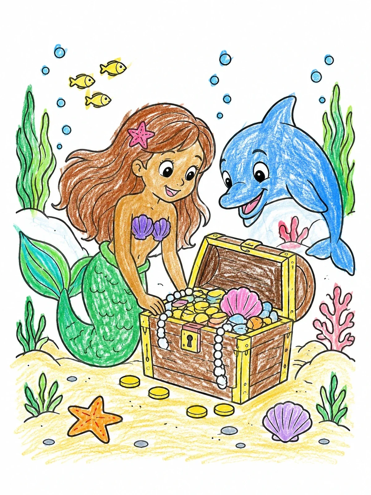 Colored example of the Mermaid And Dolphin Finding Underwater Treasure coloring page