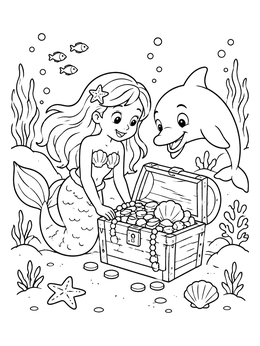 Free printable Mermaid And Dolphin Finding Underwater Treasure coloring page