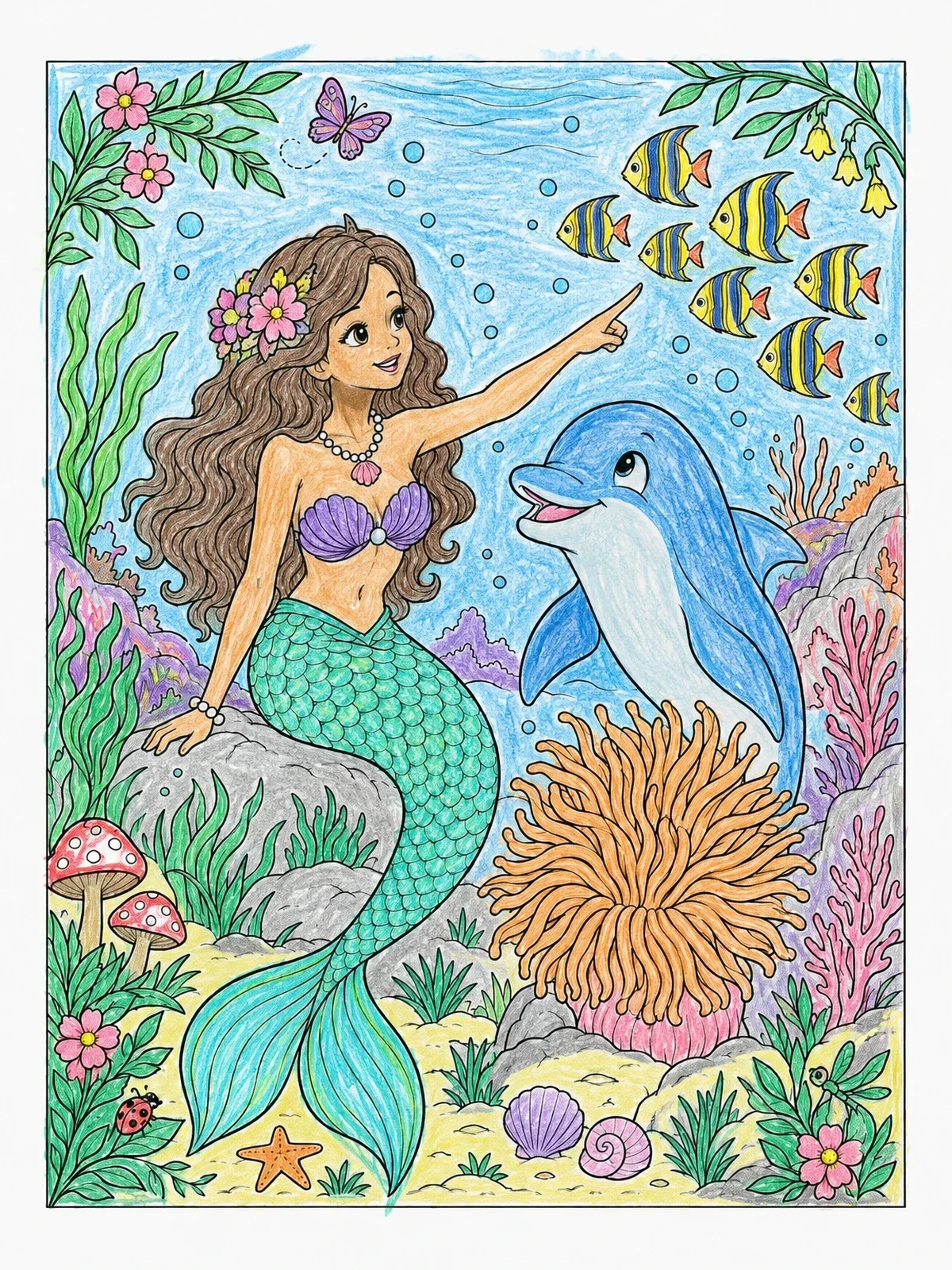 Colored example of the Mermaid And Dolphin Watching Striped Fish coloring page