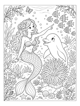 Free printable Mermaid And Dolphin Watching Striped Fish coloring page