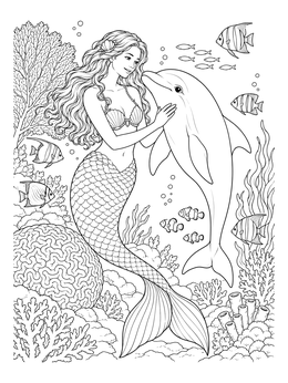 A friendly mermaid dolphin coloring page with swimming reef fish and coral.