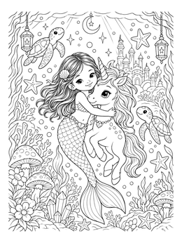 A sweet mermaid and unicorn coloring page featuring swimming turtles and an underwater castle.