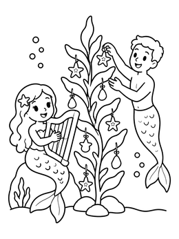 A cheerful mermaid playing harp beside a merman decorating kelp in this mermaid coloring page.