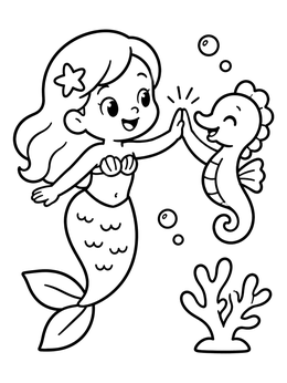 Free printable Mermaid High Fiving A Seahorse coloring page