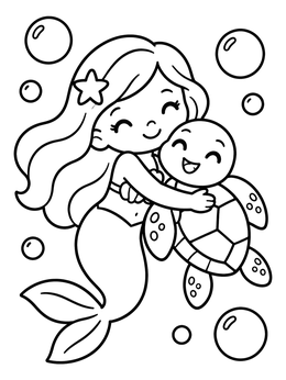 Free printable Mermaid Hugging A Sea Turtle coloring page