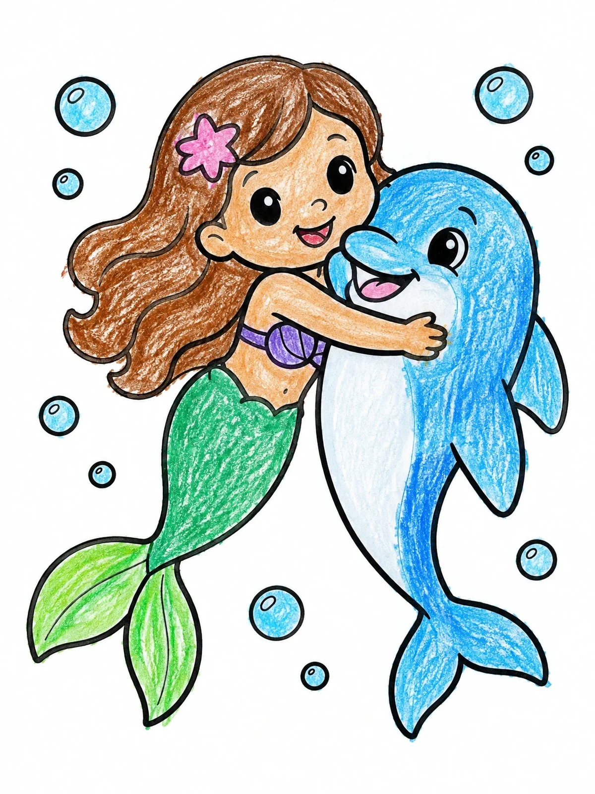 Colored example of the Mermaid Hugging A Smiling Dolphin coloring page