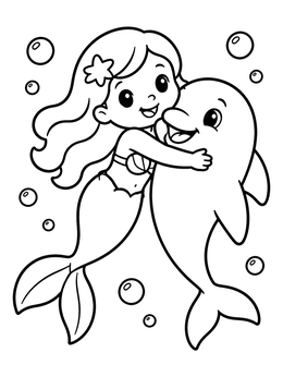 Free printable Mermaid Hugging A Smiling Dolphin coloring page
