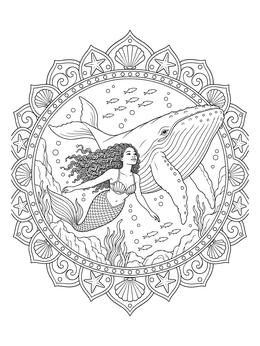 A graceful mermaid swimming with a humpback whale inside an intricate mermaid coloring page frame.