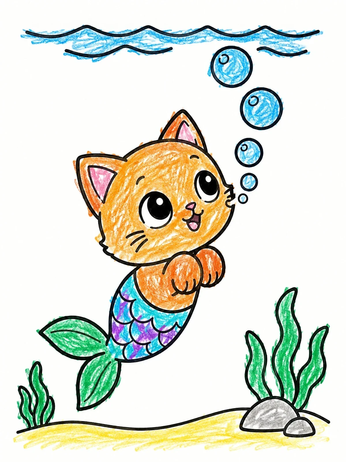 Colored example of the Mermaid Kitten Blowing Bubbles Underwater coloring page