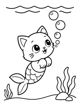 Free printable Mermaid Kitten Blowing Bubbles Underwater coloring page