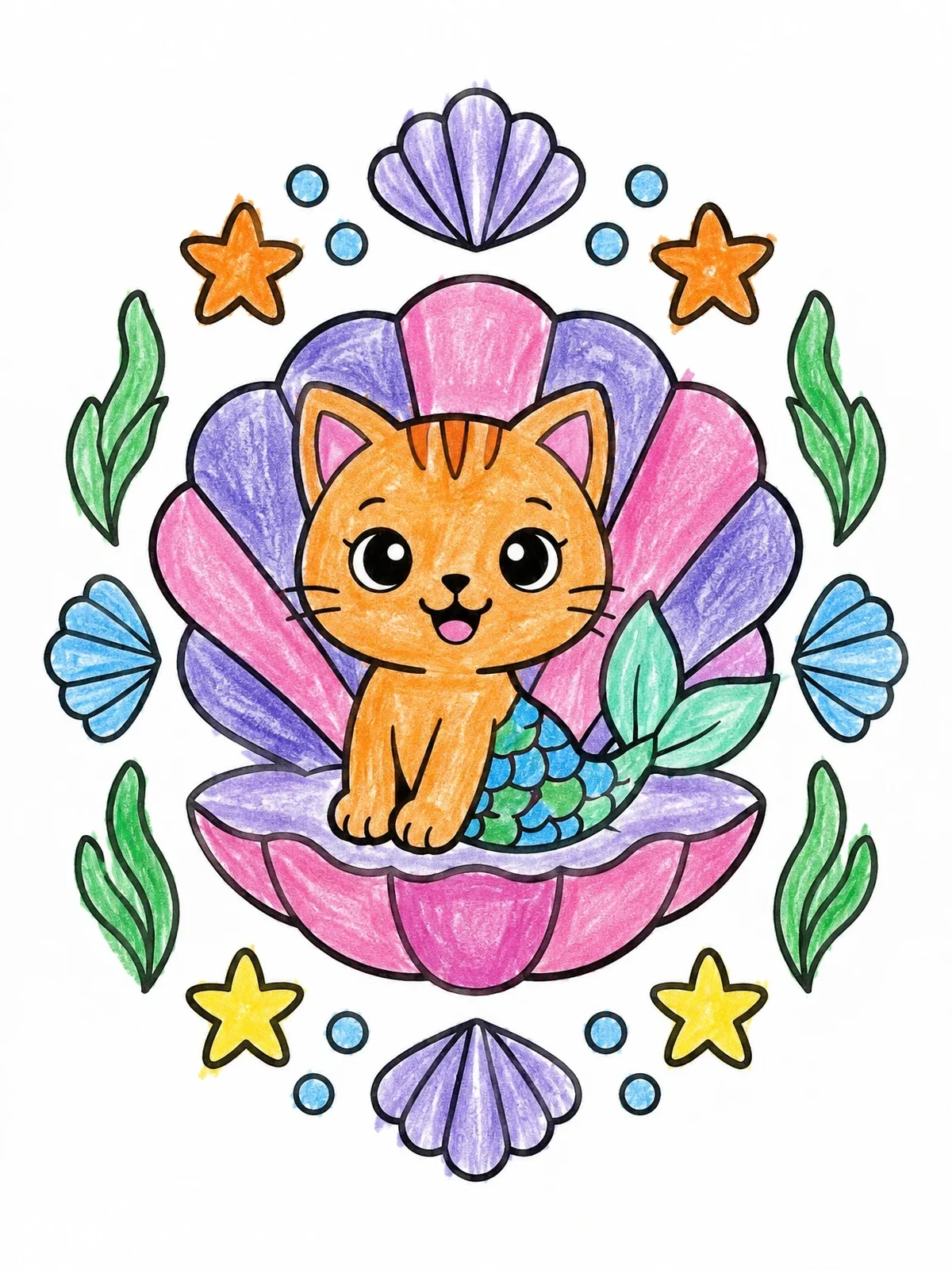 Colored example of the Mermaid Kitten In A Giant Seashell coloring page