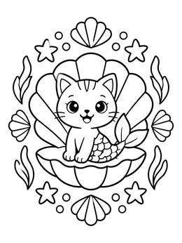 Free printable Mermaid Kitten In A Giant Seashell coloring page