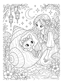 A girl admires a tiny purrmaiden in this mermaid cat coloring page set in an enchanted forest.