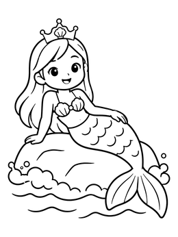 A cheerful mermaid coloring page featuring a crowned mermaid sitting on an ocean rock.