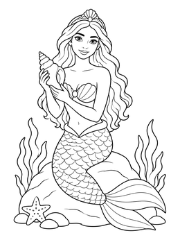 A mermaid princess coloring page featuring a graceful sea princess holding a spiral shell on an ocean rock.