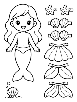 A cute mermaid paper doll coloring page with seashell tops and tail accessories.