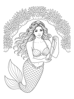 A graceful mermaid coloring page featuring a pearl necklace under an arch of anemones.
