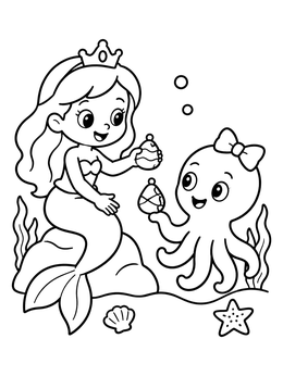 A mermaid princess coloring page featuring a cute octopus with a bow trading sea treasures.
