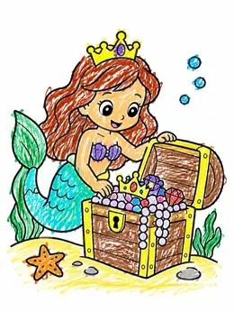 Mermaid Princess And Treasure Chest Coloring Page