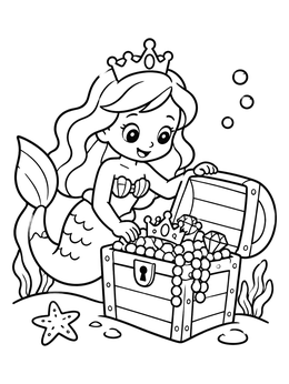 A cute mermaid coloring page showing a princess opening a treasure chest full of gems.