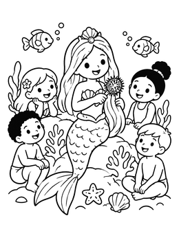 A friendly mermaid coloring page featuring children gathering around on an undersea reef.
