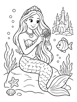 A sweet mermaid princess coloring page featuring a castle and fish underwater.