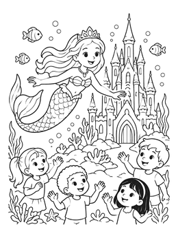 A mermaid coloring page showing a princess swimming near a castle and waving to children.