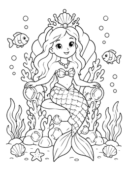 Cute underwater mermaid princess coloring page on a coral throne.